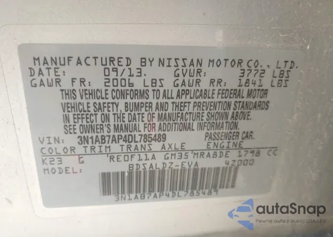 2013 Nissan Sentra Sv z USA, uszkodzony, nr VIN 3N1AB7AP4DL785489